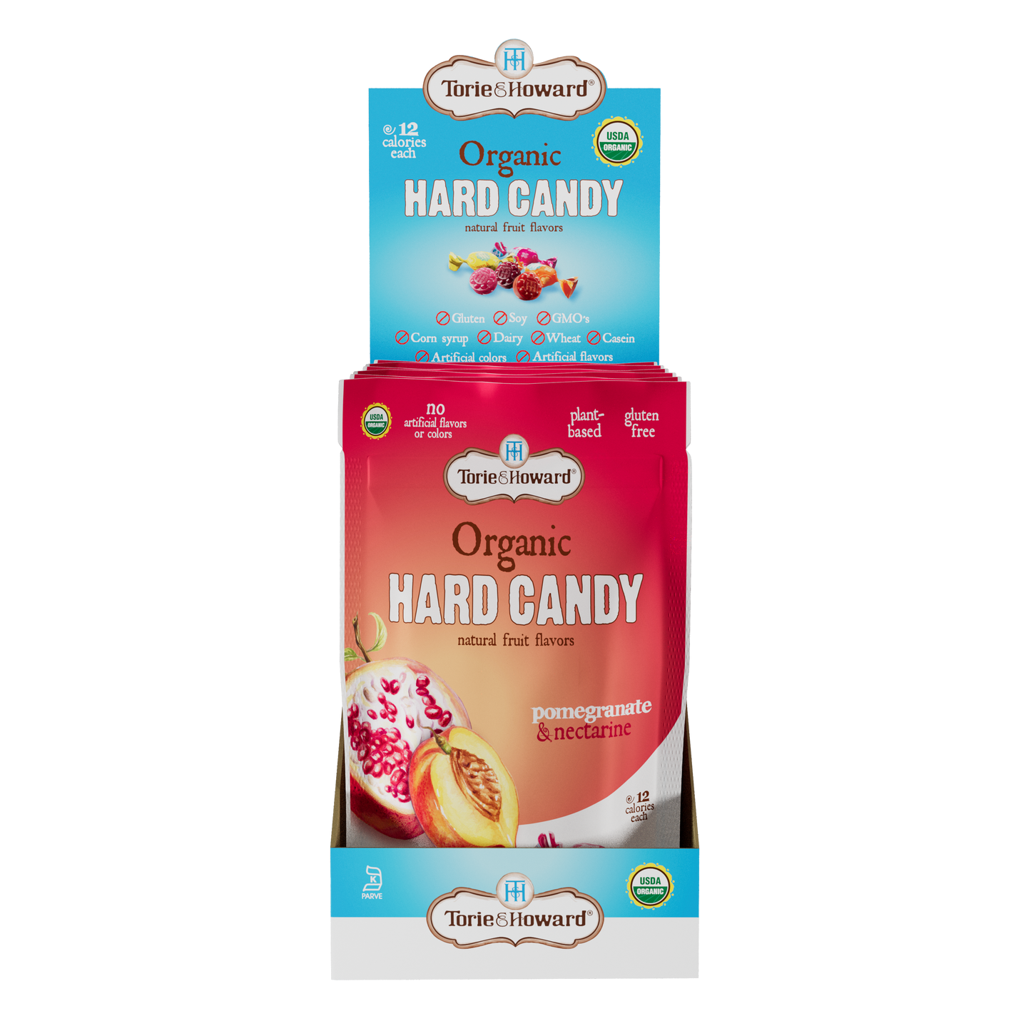 Display caddy containing 6, 3.5oz bags of Torie & Howard Pomegranate & Nectarine Organic Hard Candy