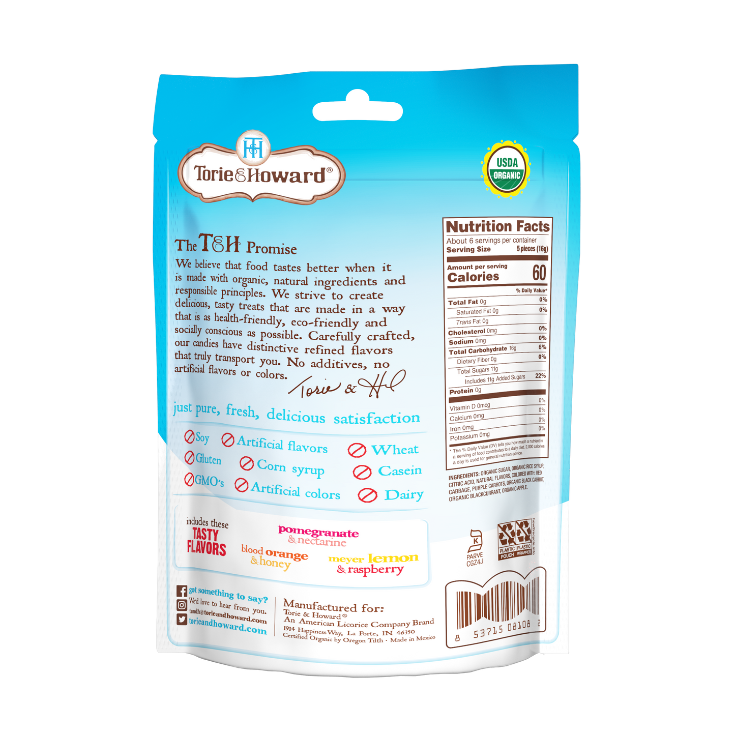 Torie & Howard Organic Hard Candy in Assorted Flavors, back of 3.5oz resealable bag