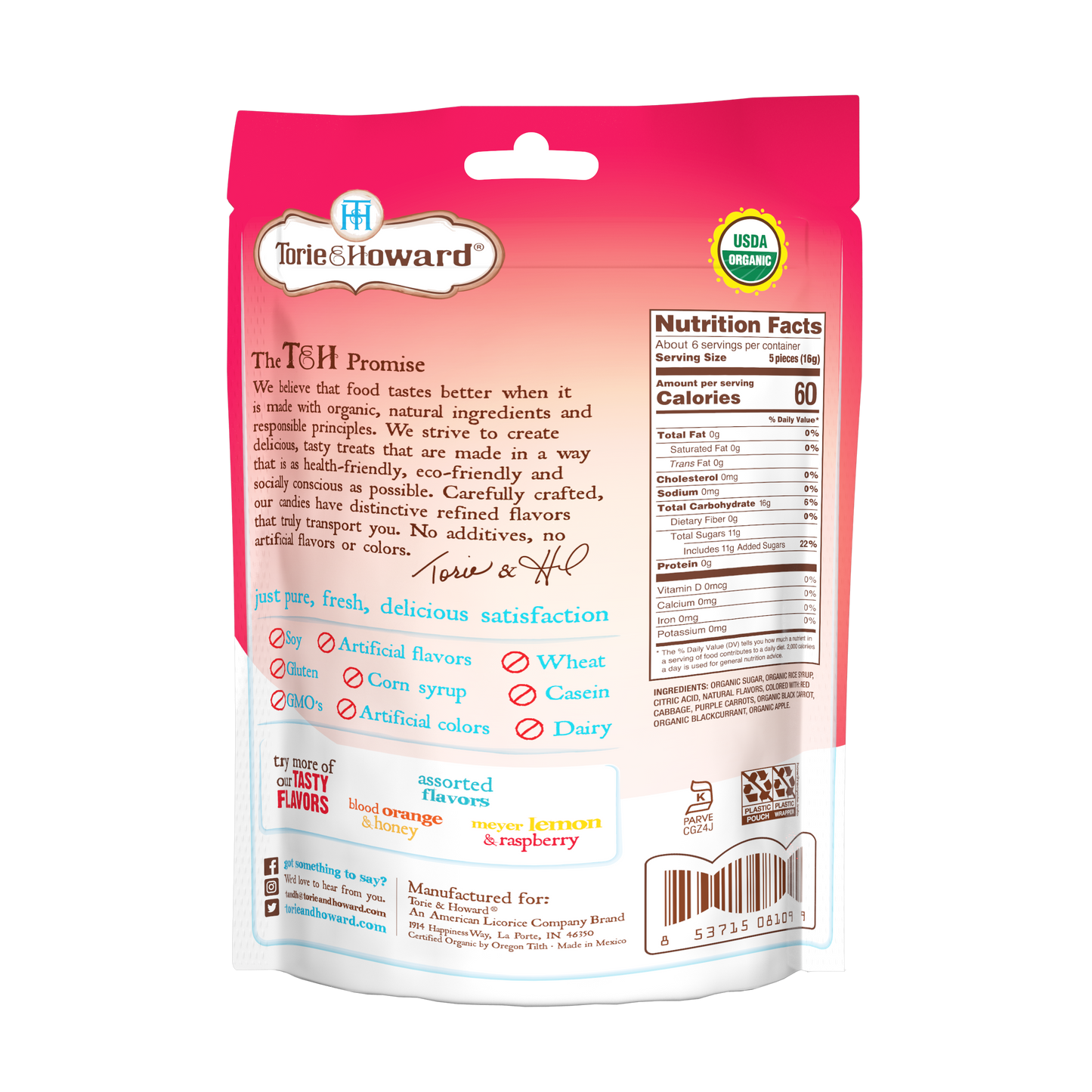 Torie & Howard Pomegranate & Nectarine Organic Hard Candy, back of 3.5oz resealable bag