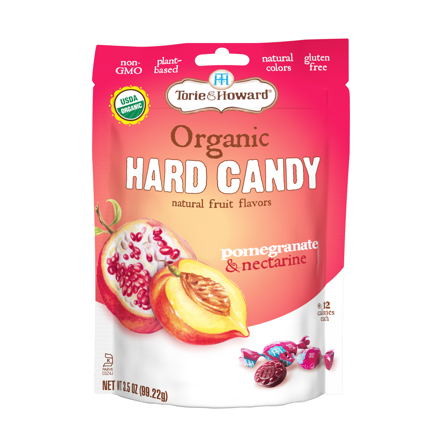 Torie & Howard Pomegranate & Nectarine Organic Hard Candy, front of 3.5oz resealable bag