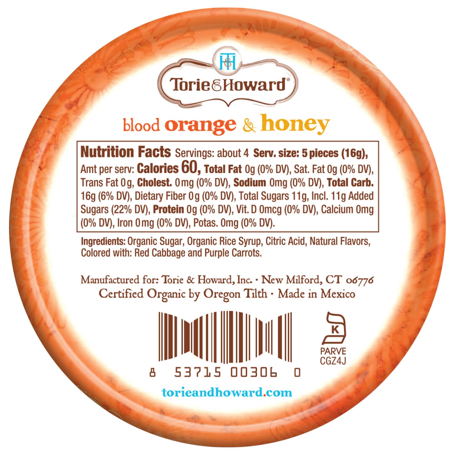 Back of Blood Orange & Honey Organic Hard Candy 2oz Tin