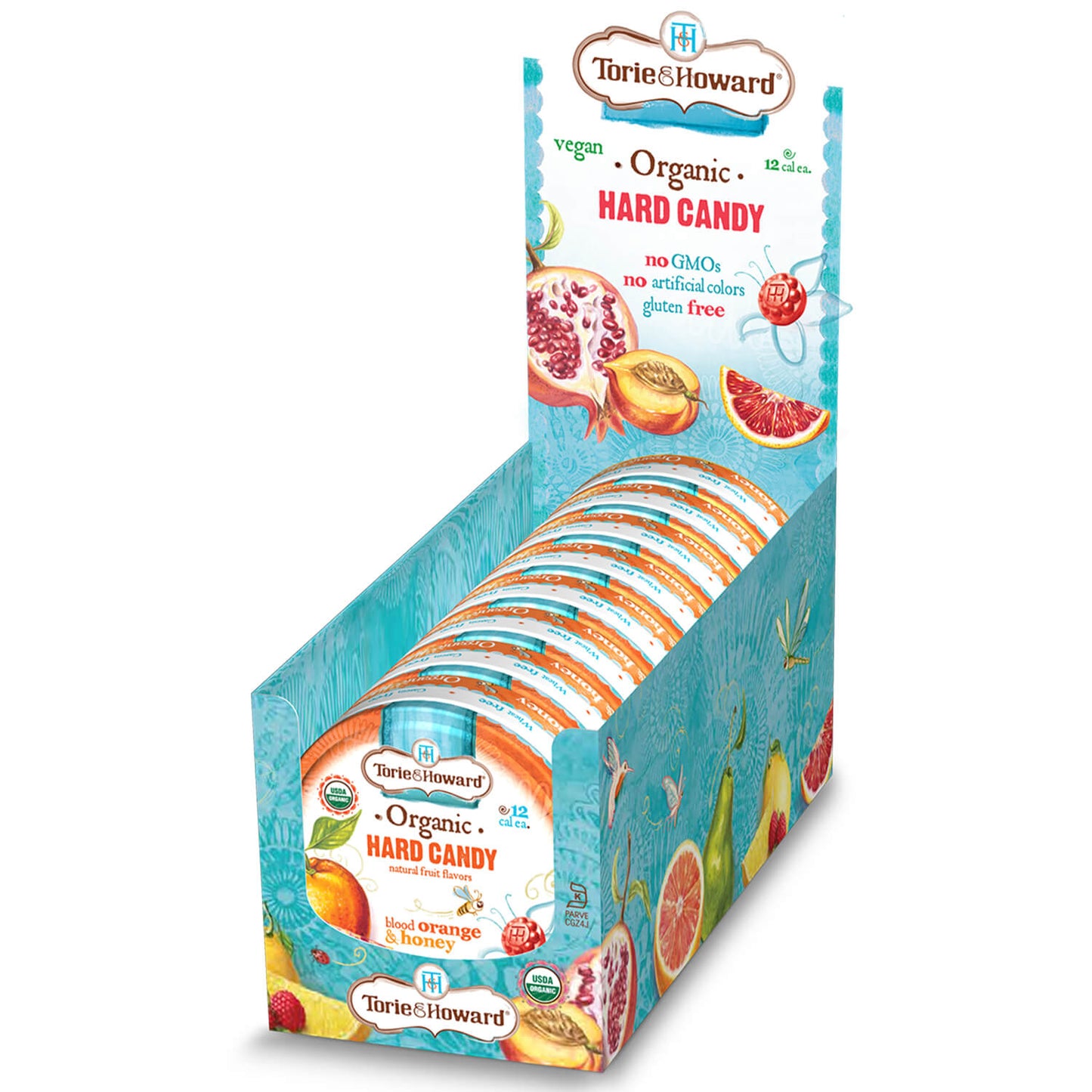 8 count caddy of Blood Orange & Honey Organic Hard Candy 2oz Tins