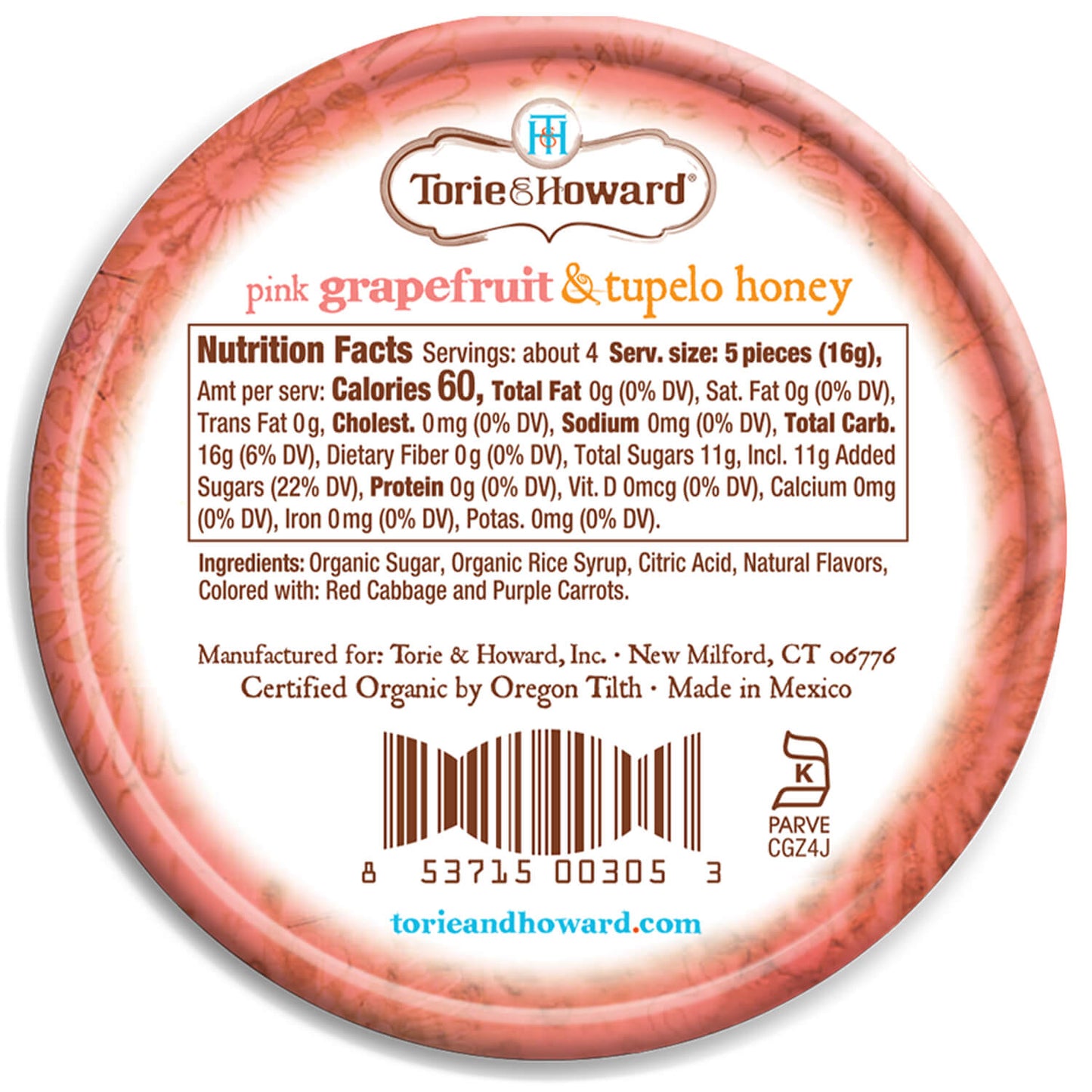 Back of Grapefruit & Honey Organic Candy 2oz Tin