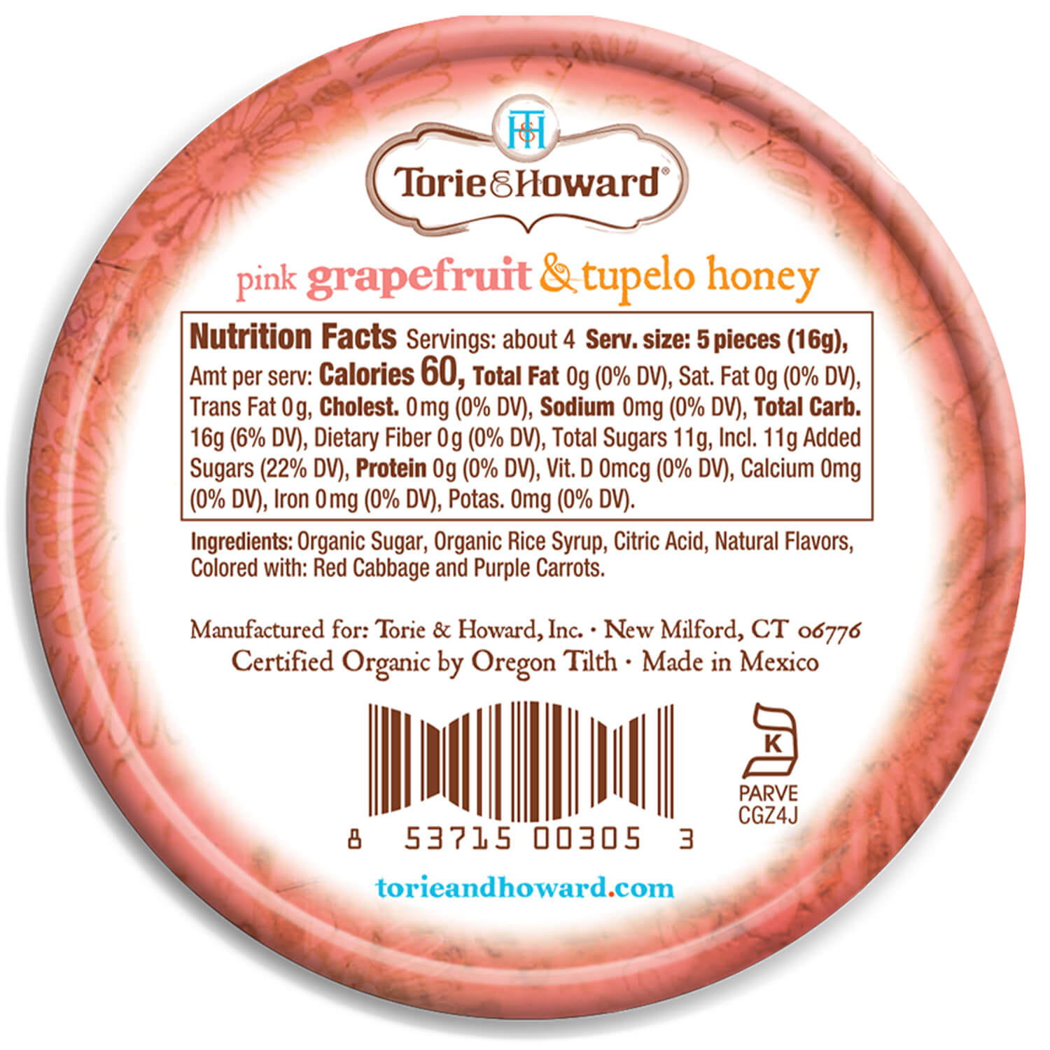 Back of Grapefruit & Honey Organic Candy 2oz Tin