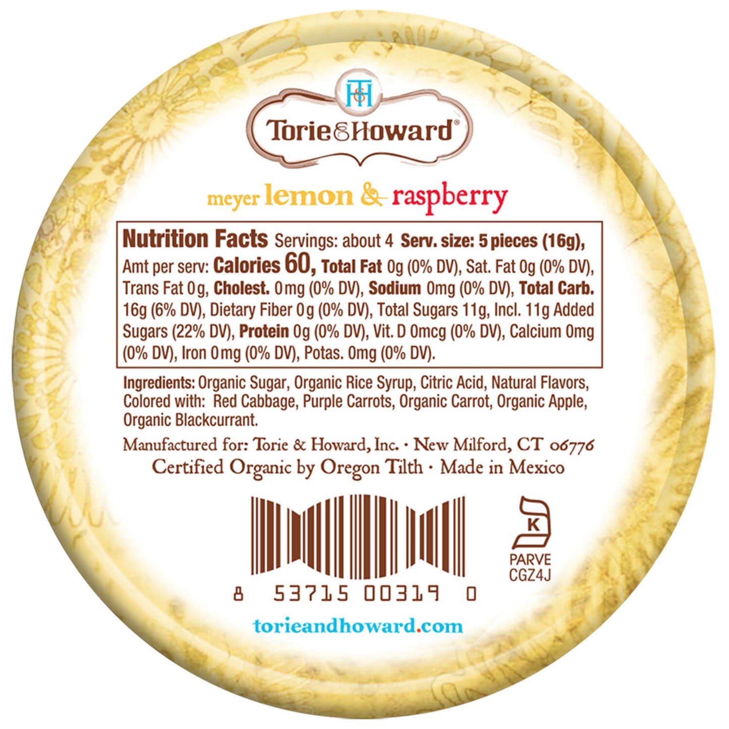 Back of Meyer Lemon & Raspberry Organic Hard Candy 2oz Tin