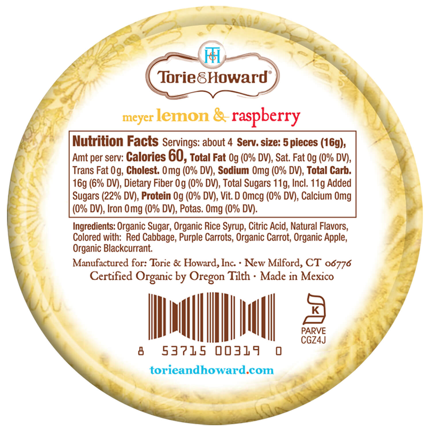 Back of Meyer Lemon & Raspberry Organic Hard Candy 2oz Tin