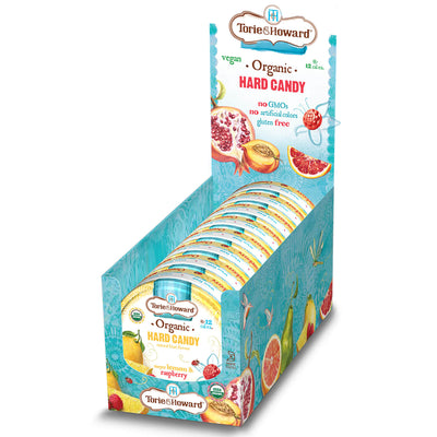 8 count caddy of Lemon & Raspberry Organic Hard Candy 2oz Tins