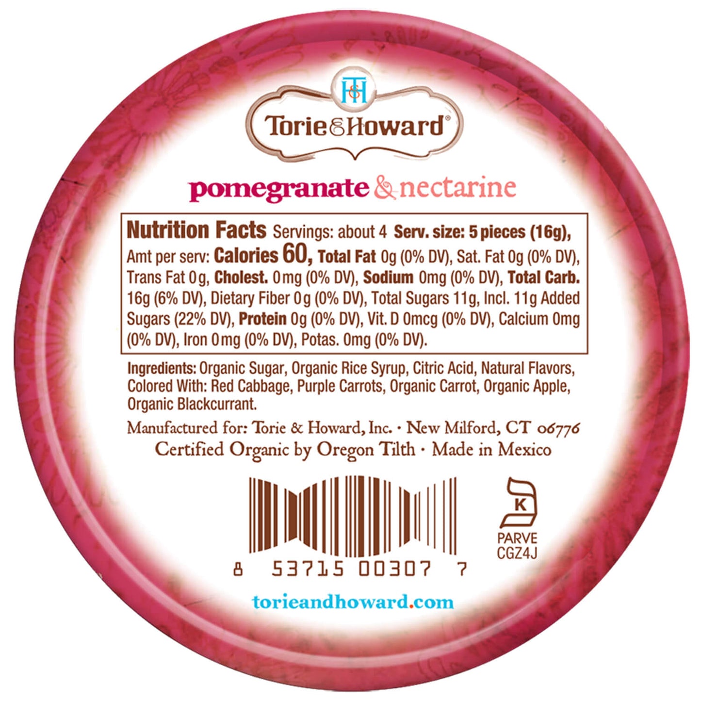 Back of Pomegranate & Nectarine Organic Hard Candy 2oz Tin
