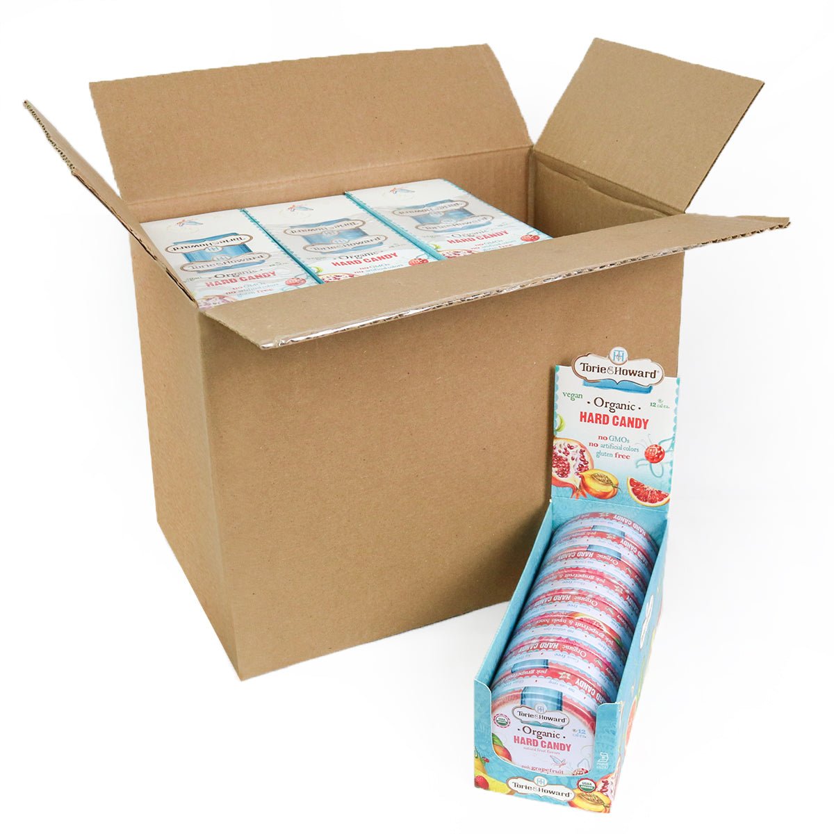 Bulk organic candy box of Grapefruit & Honey Organic Hard Candy 2oz Tins - 12 caddies in a case