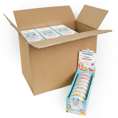 Bulk organic candy box of Lemon & Raspberry Organic Hard Candy 2oz Tins - 12 caddies in a case