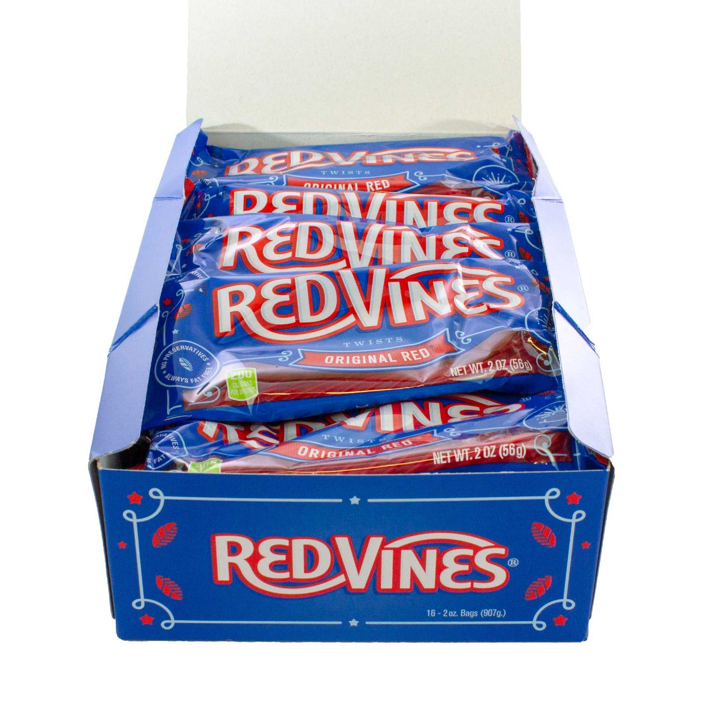 Display box of 16 Red Vines Original Red Chewy Licorice Twists 2oz Bags