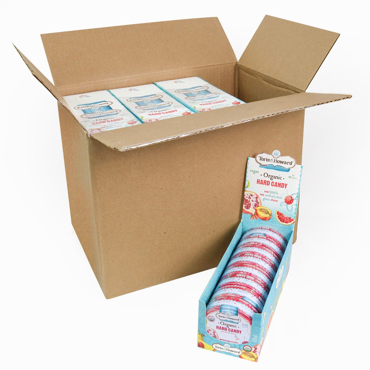 Bulk organic candy box of Pomegranate & Nectarine Organic Hard Candy 2oz Tins - 12 caddies in a case