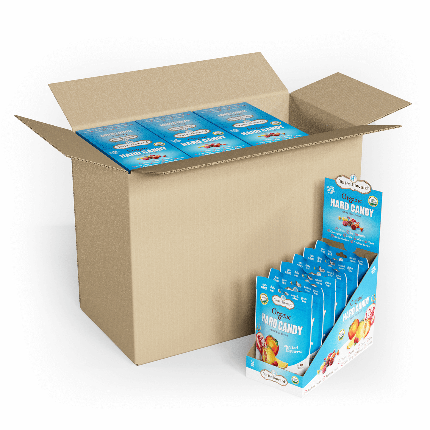 Case of 8 display caddies containing 6, 3.5oz bags of Torie & Howard Organic Hard Candy in Assorted Flavors