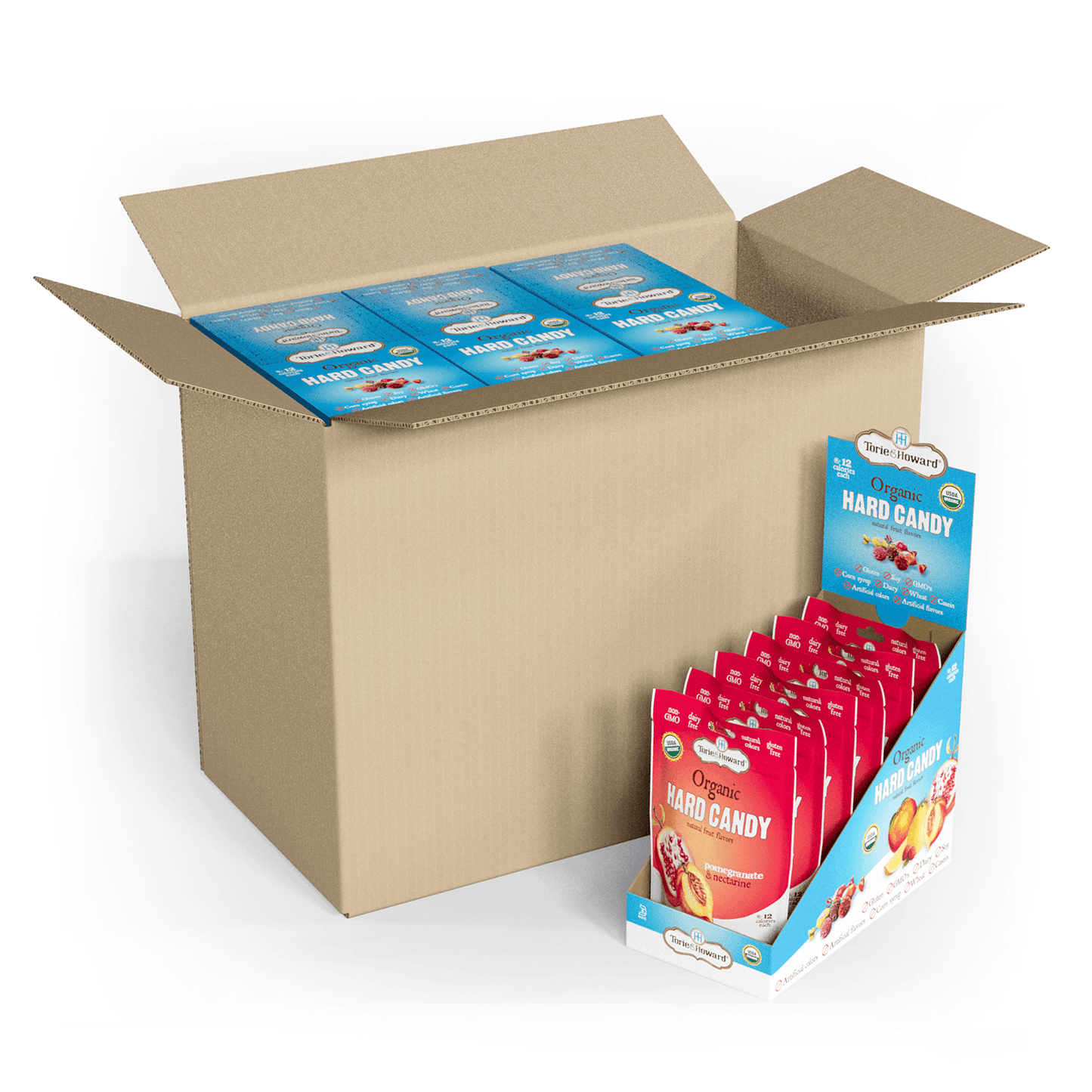 Case of 8 display caddies containing 6, 3.5oz bags of Torie & Howard Pomegranate & Nectarine Organic Hard Candy