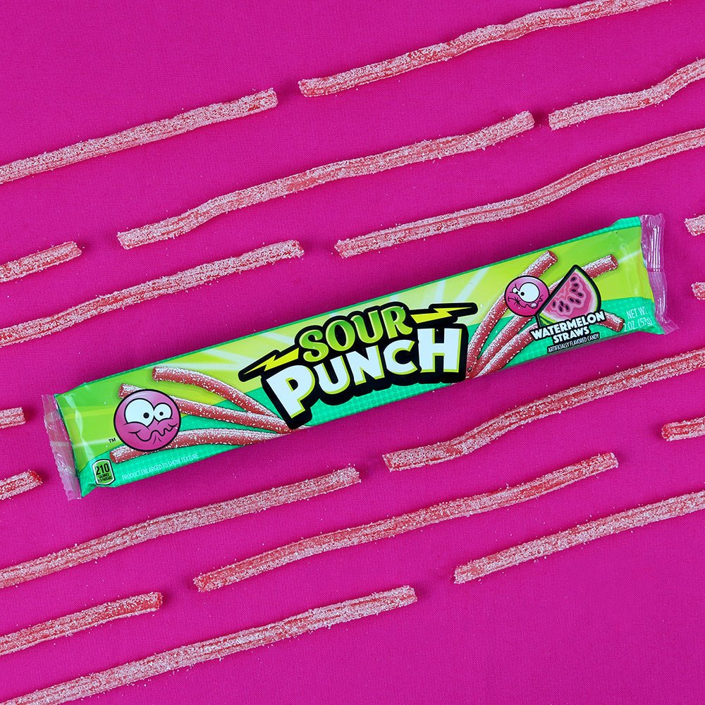 Sour Punch Watermelon Straws 2oz Tray with sour watermelon straws surrounding it