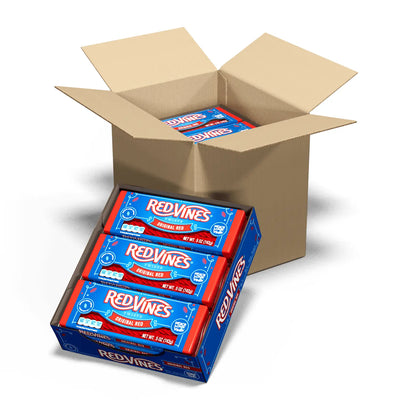 Box of 4 display caddies containing nine 5oz Red Vines Original Red Licorice Twists Trays