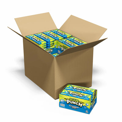 Bulk candy case of SOUR PUNCH Bulk Blue Raspberry Candy Straws 4.5oz trays - 12 caddies in a case