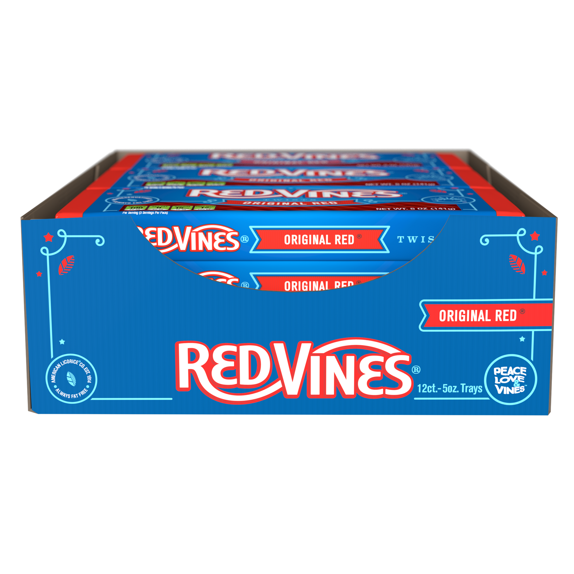 Front of a display box containing 12, 5oz Red Vines Original Red Licorice Candy