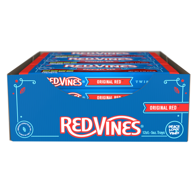 Front of a display box containing 12, 5oz Red Vines Original Red Licorice Candy