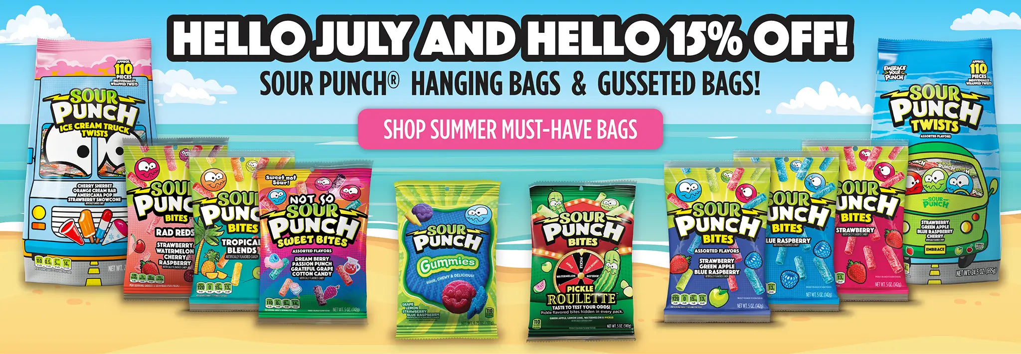 Hello July and Hello 15% Off! Sour Punch Hanging Bags & Gusseted Bags! Shop Summer Must-Have Bags