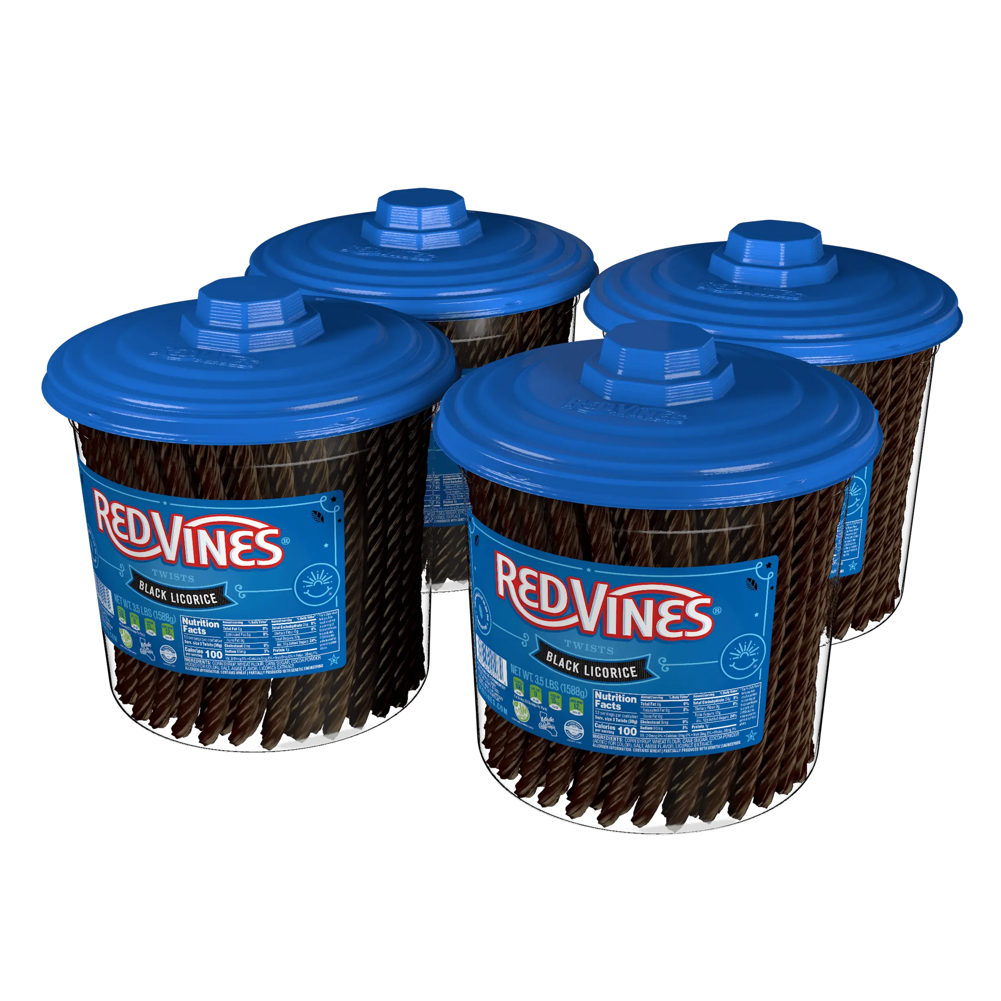 Four 3.5lb bulk candy Jars of Red Vines Black Licorice Twists