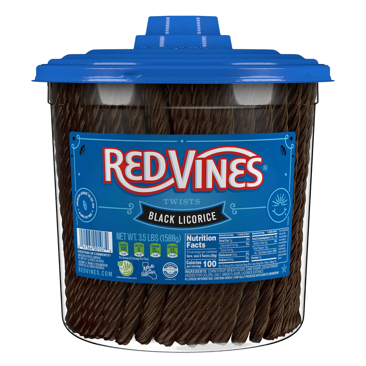 Front of Red Vines Black Licorice Twists 3.5lb Jar