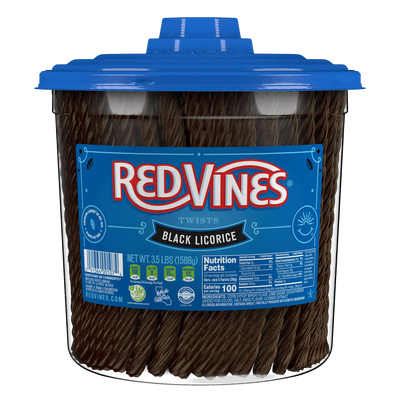 Front of Red Vines Black Licorice Twists 3.5lb Jar