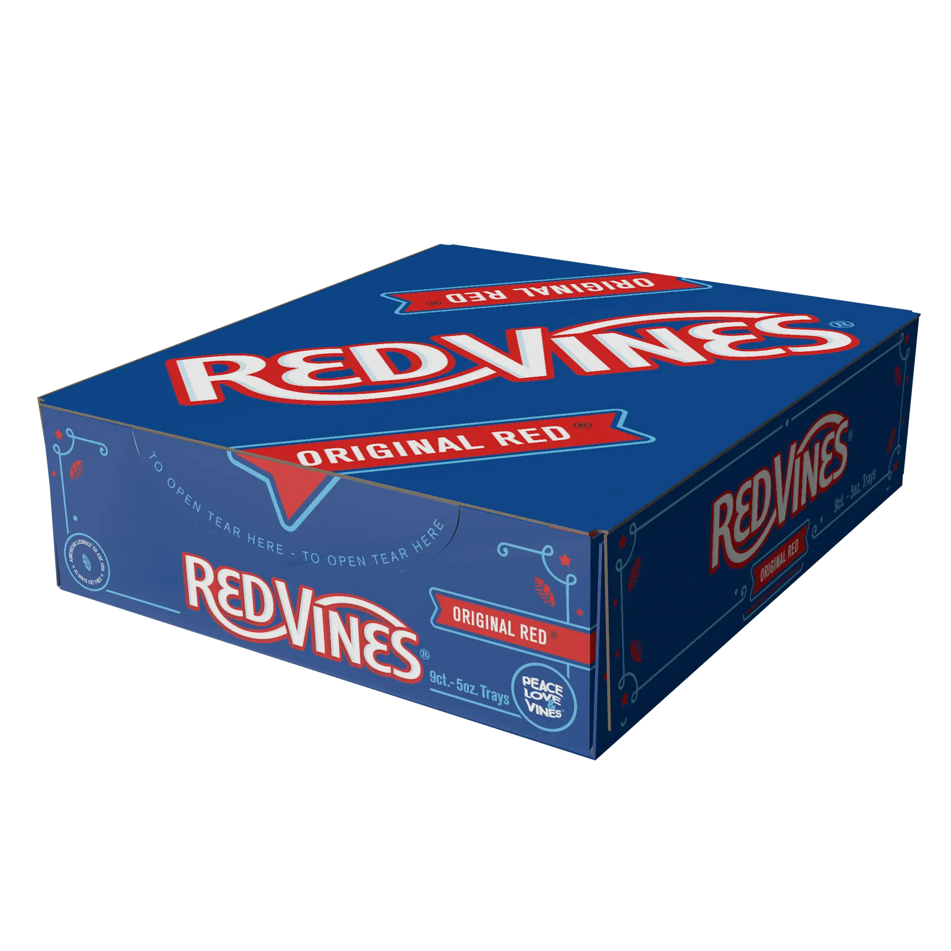 Display box containing 9, 5oz Red Vines Original Red Licorice Twists Trays