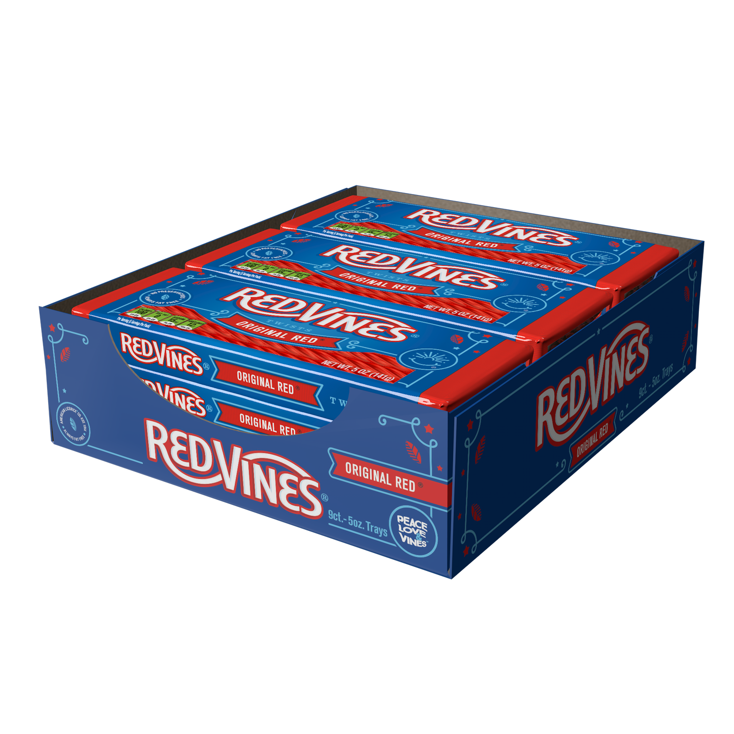 Display box containing 9, 5oz Red Vines Original Red Licorice Twists Trays
