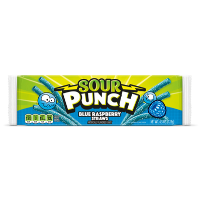 Front of Sour Punch Blue Raspberry Straws 4.5oz Movie Tray