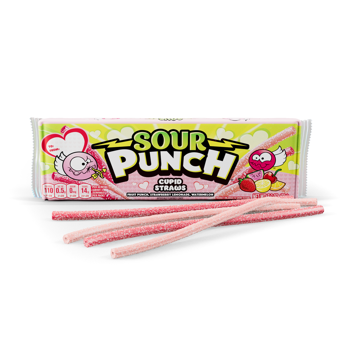 SOUR PUNCH Cupid Straws 3.2oz tray with assorted candy straws in front