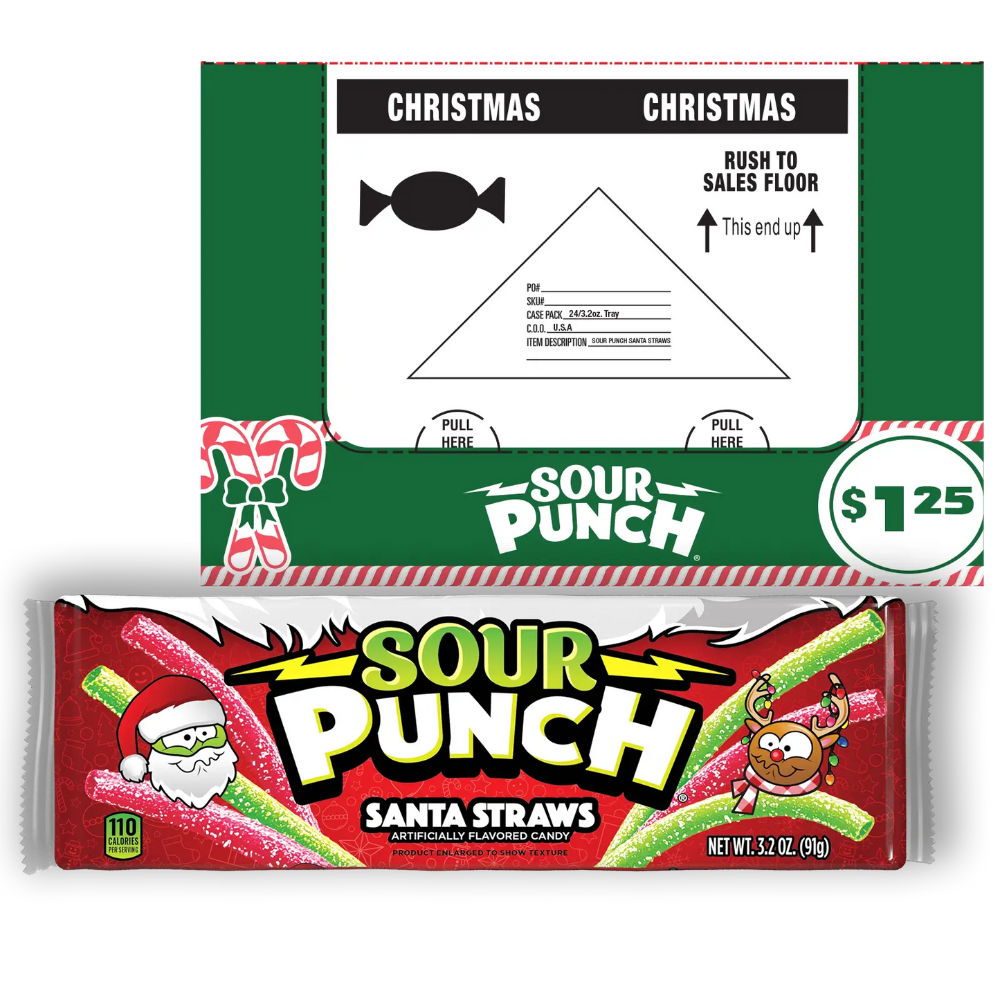 Sour Punch Santa Straws candy package with Christmas design and a display ready case with $1.25 on the box