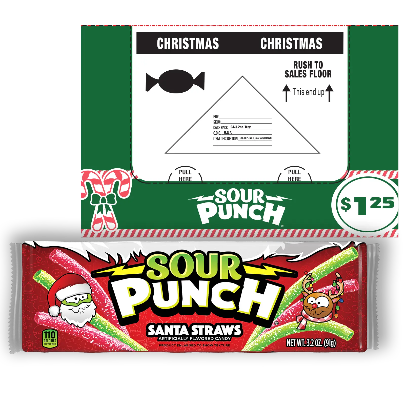 Sour Punch Santa Straws candy package with Christmas design and a display ready case with $1.25 on the box