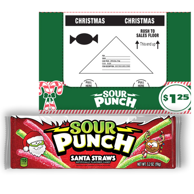 Sour Punch Santa Straws candy package with Christmas design and a display ready case with $1.25 on the box