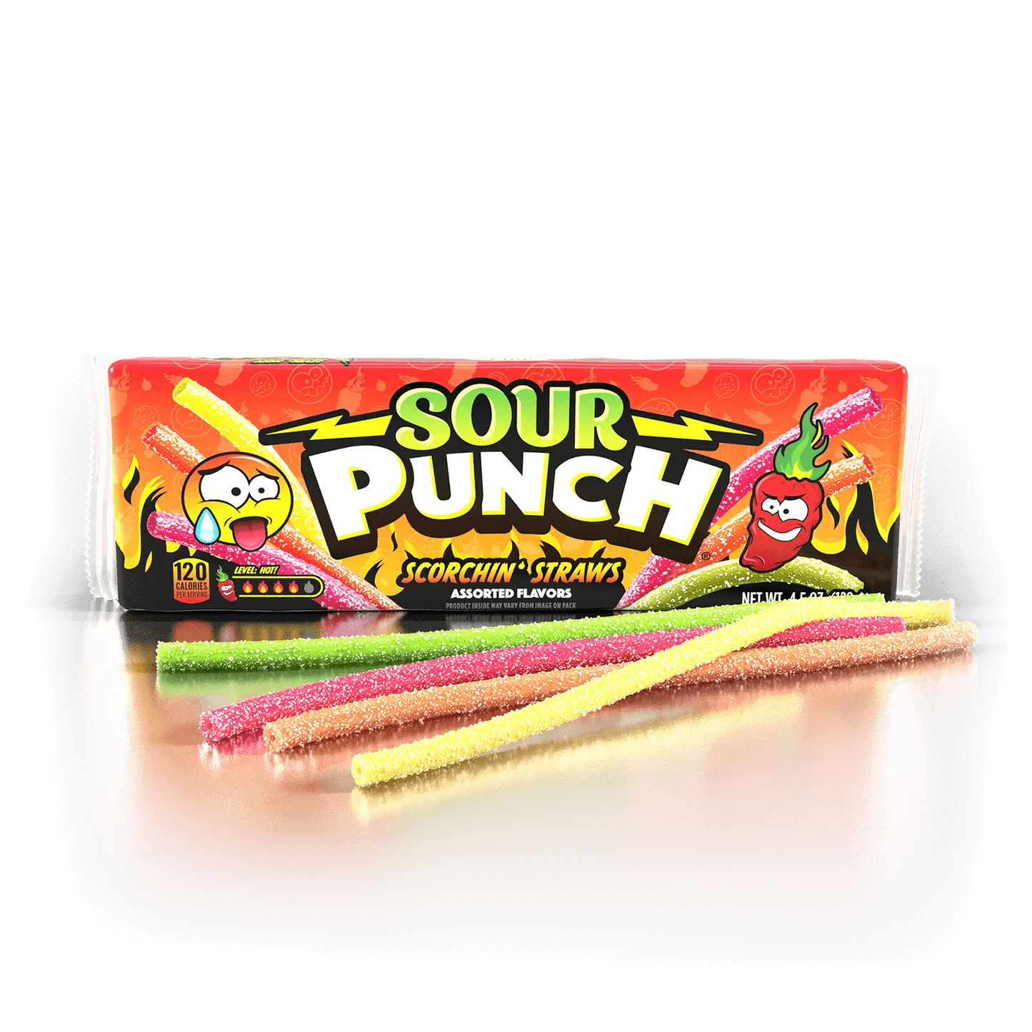 Front of Sour Punch Scorchin' Straws 4.5oz Tray with candy straws in front of pack 