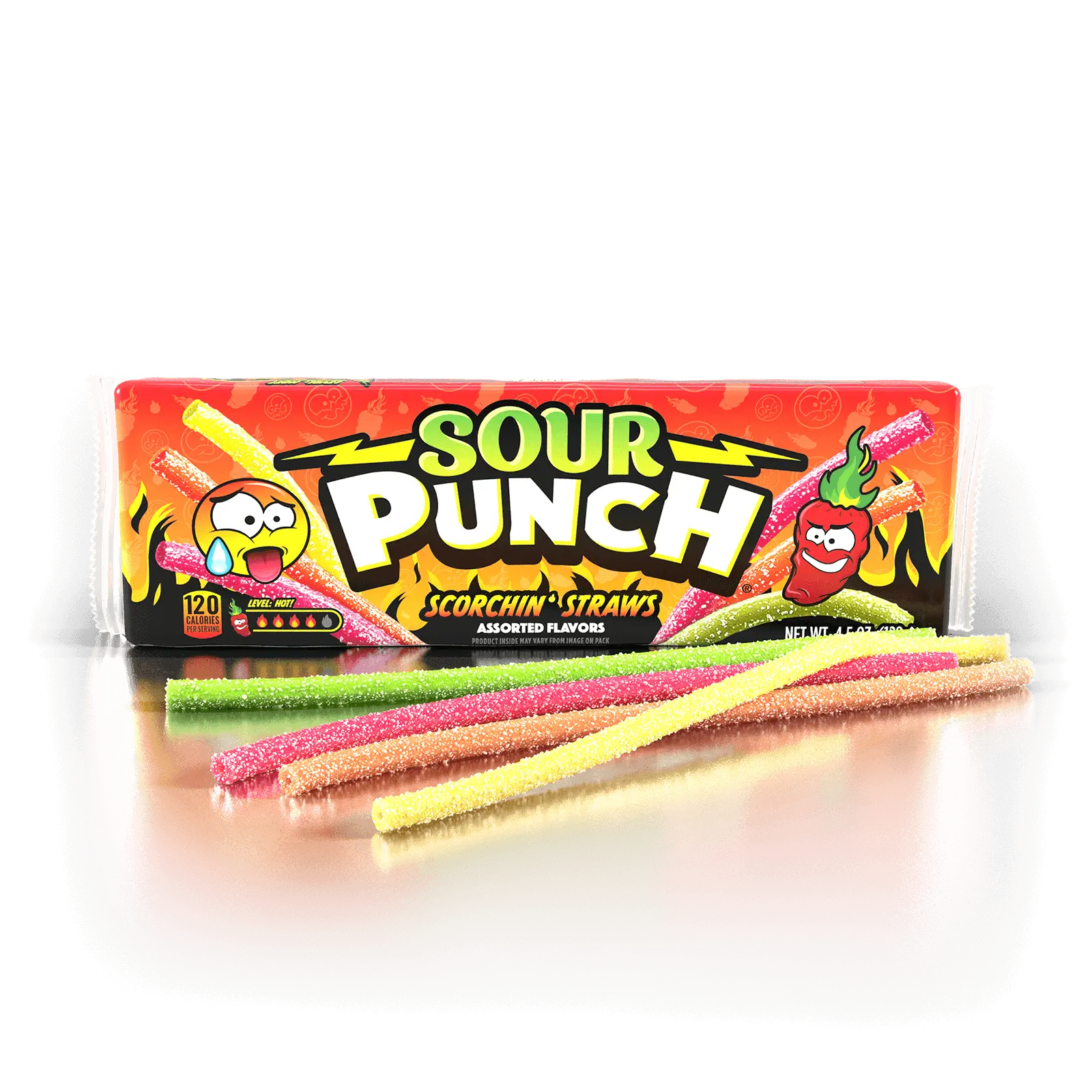 Front of Sour Punch Scorchin' Straws 4.5oz Tray with candy straws in front of pack 