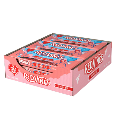 Side view of open 9-Pack Caddy of Red Vines Valentine's Day Twists 4oz Trays