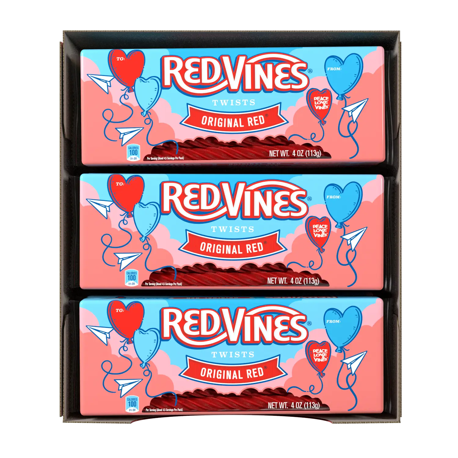 Top view of open 9-Pack Caddy of Red Vines Valentine's Day Twists 4oz Trays