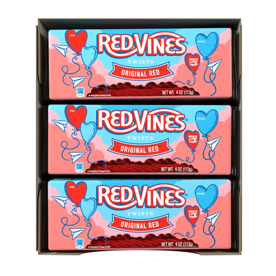 Top view of open 9-Pack Caddy of Red Vines Valentine's Day Twists 4oz Trays