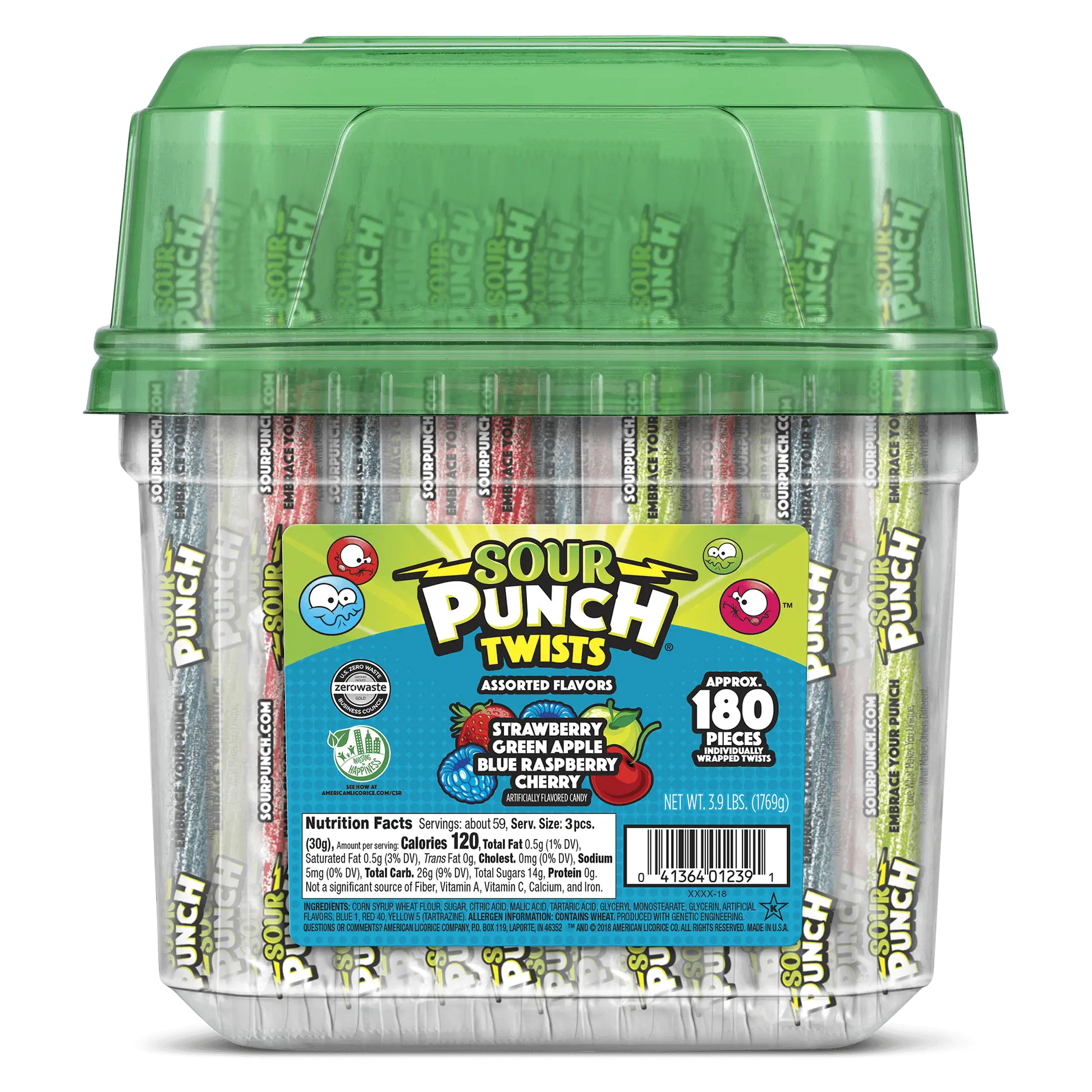 Front of SOUR PUNCH Assorted Individually Wrapped Candy Twists in 3.9lbs Jar