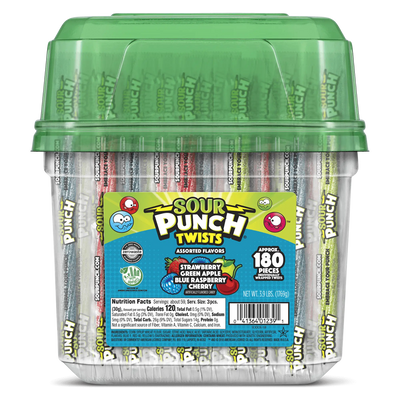 Front of SOUR PUNCH Assorted Individually Wrapped Candy Twists in 3.9lbs Jar