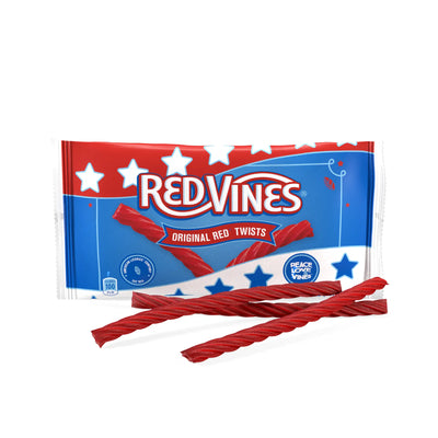 Front of Red Vines Original Red Twists 14oz Bag in Americana Packaging with candy in front of bag