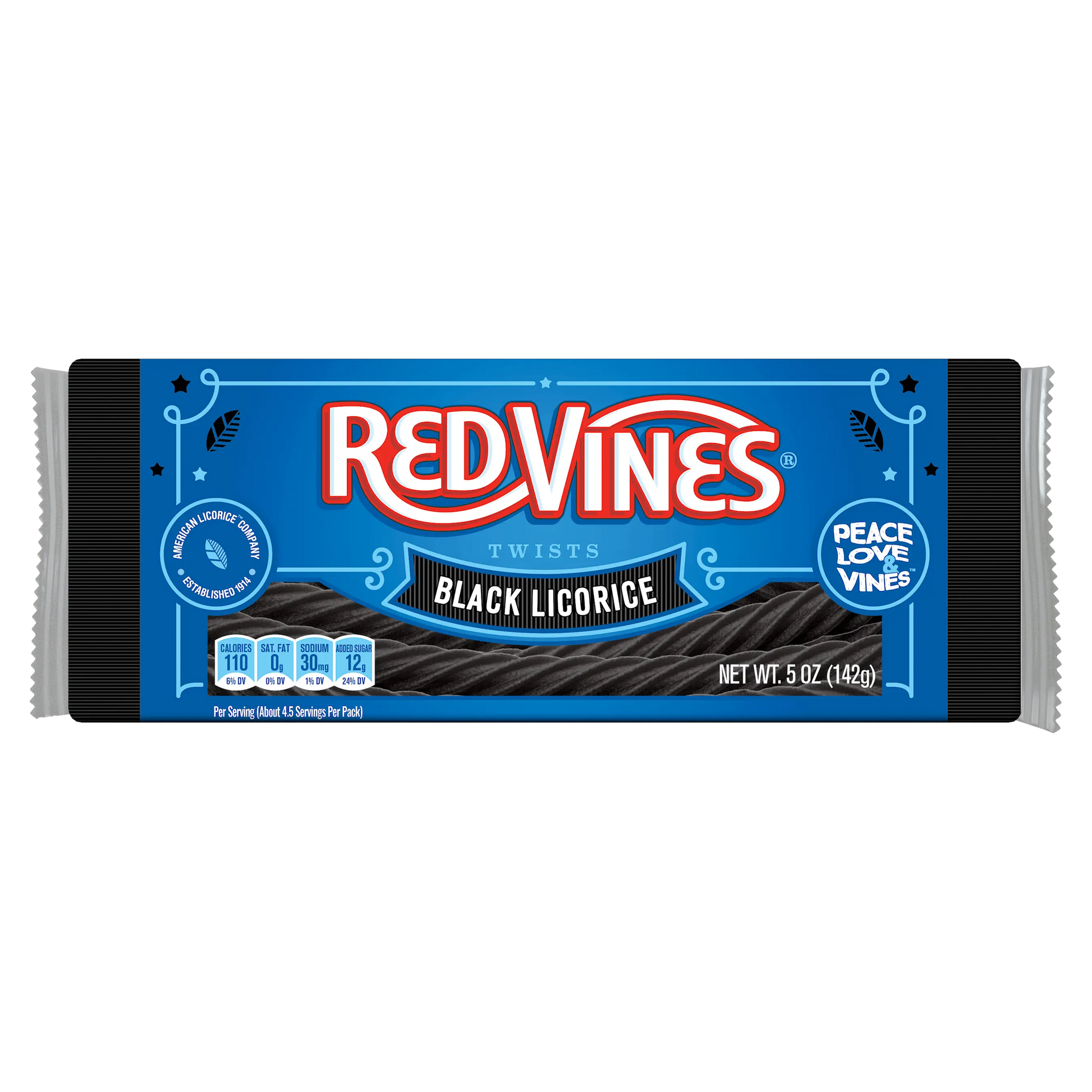 Front of Red Vines Black Licorice Twists 5oz Movie Tray