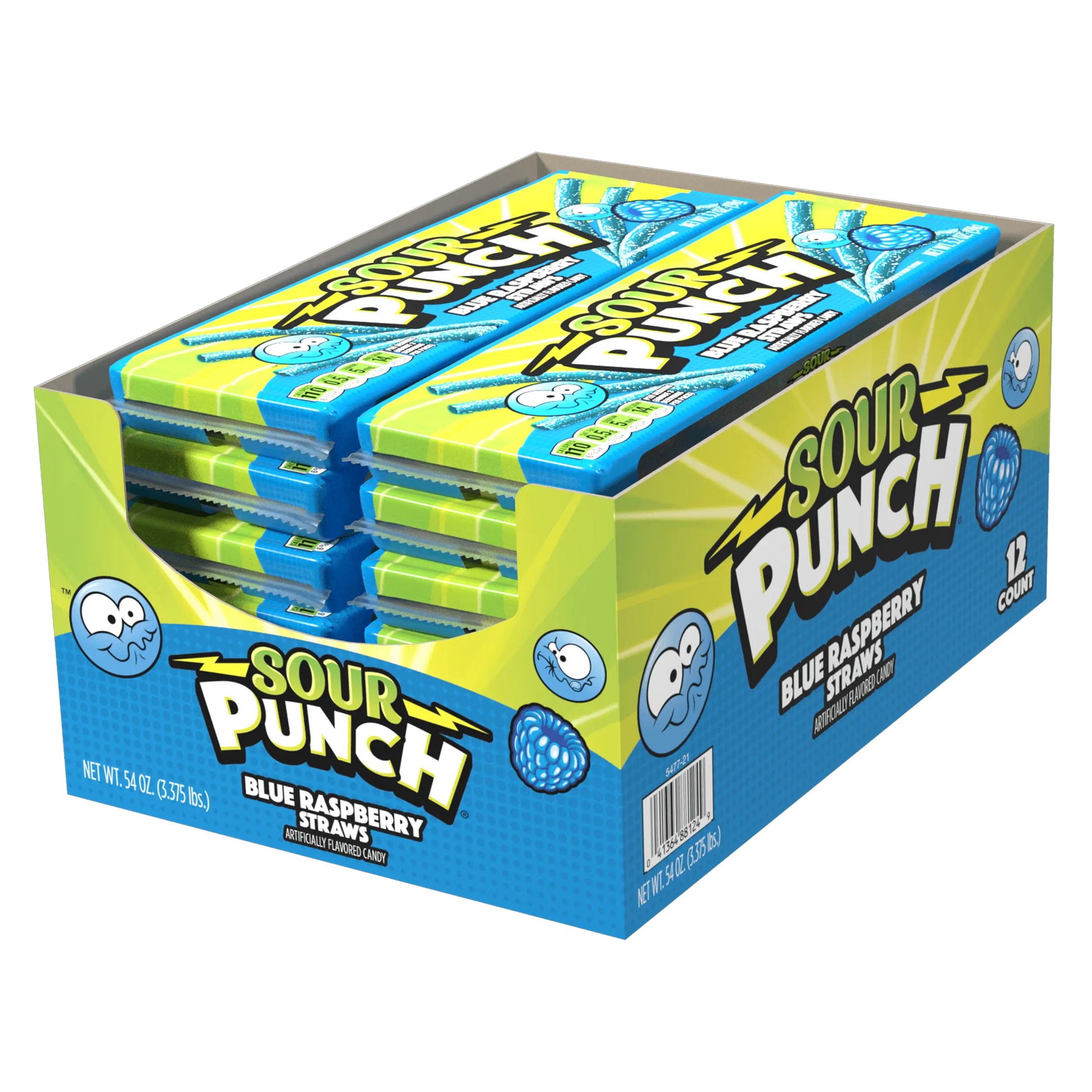 Candy display box of 12 SOUR PUNCH Bulk Blue Raspberry Candy Straws 4.5oz trays