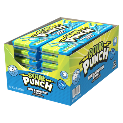 Candy display box of 12 SOUR PUNCH Bulk Blue Raspberry Candy Straws 4.5oz trays