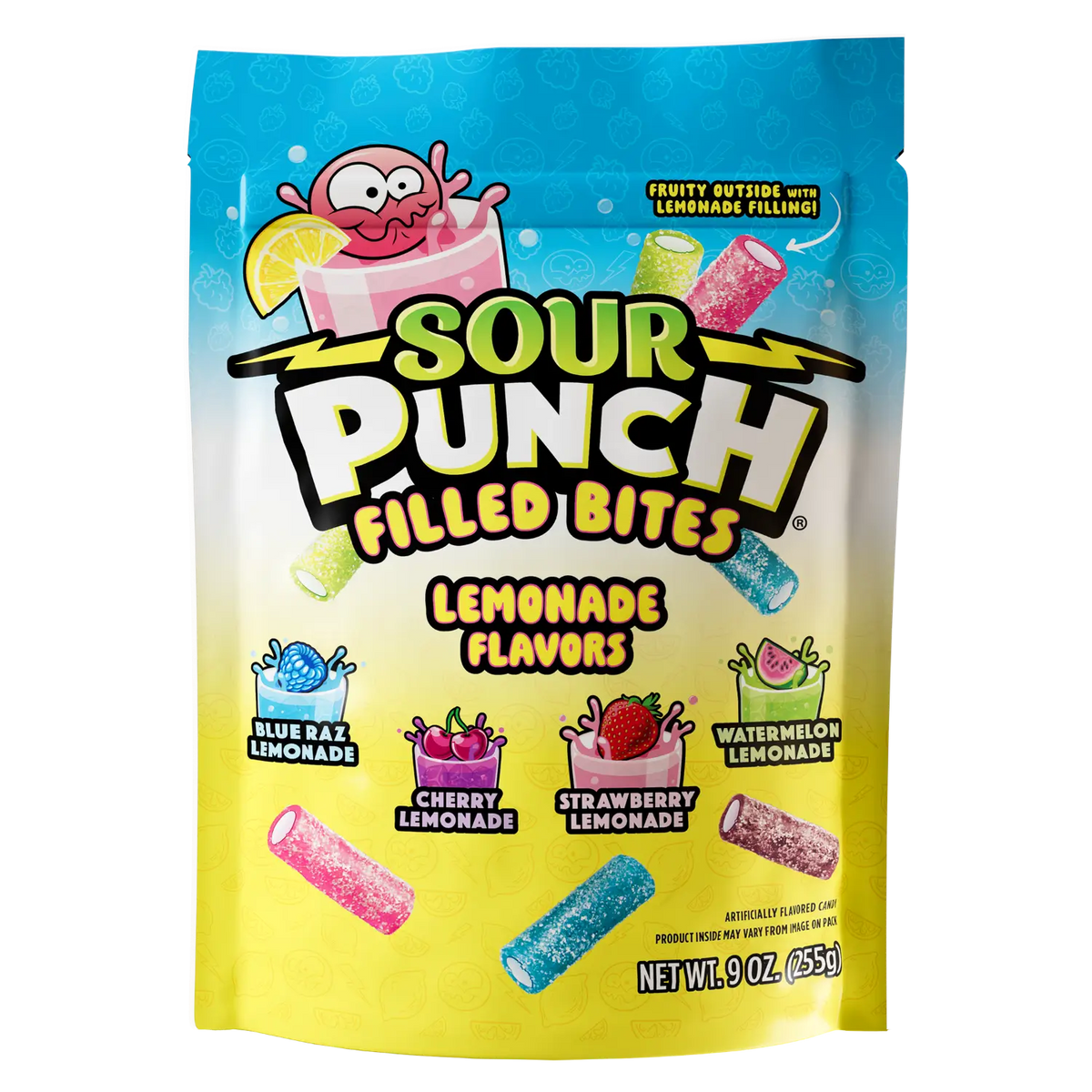 A 9oz bag of Sour Punch Filled Bites Lemonade Flavors candy, featuring a bright blue-to-yellow gradient package with cartoon lemonade graphics and illustrations of colorful candy bites.