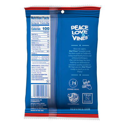 Back of Red Vines Original Red Jumbo Twists 8oz Hanging Bag