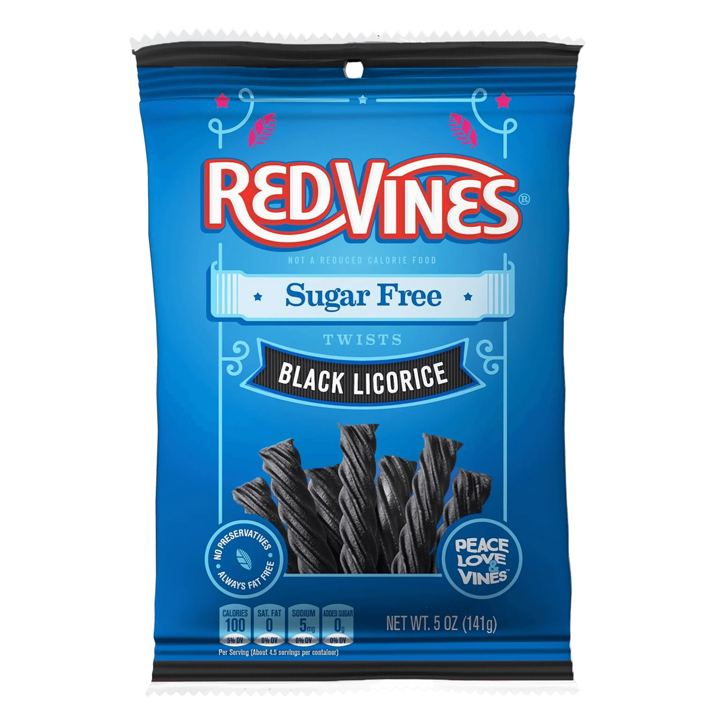 Front of Red Vines Sugar Free Black Licorice Twists 5oz Hanging Bag