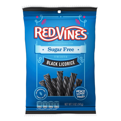 Front of Red Vines Sugar Free Black Licorice Twists 5oz Hanging Bag