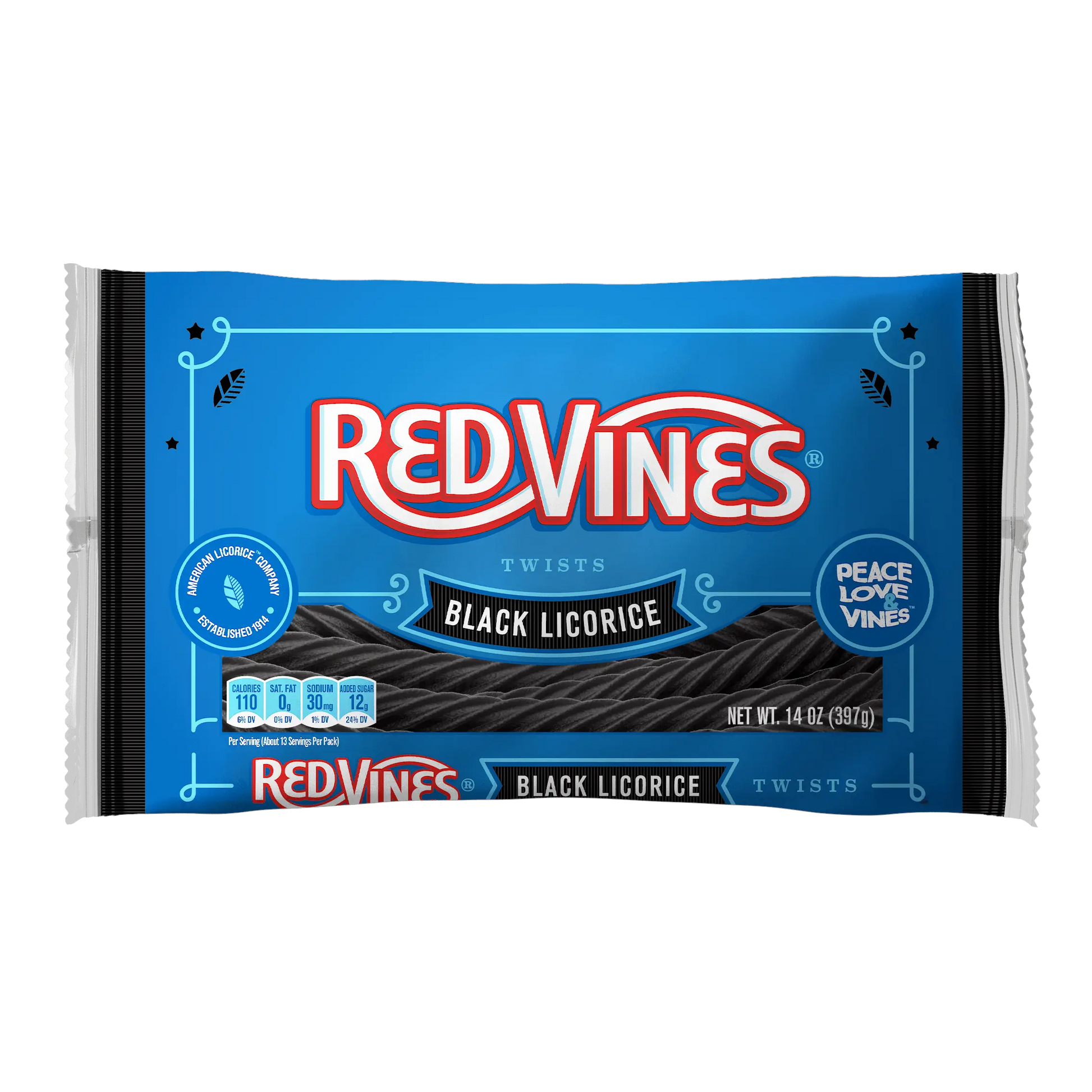 Red Vines Black Licorice Twists front of 14oz bag